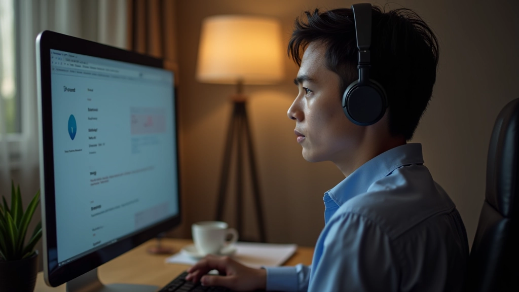 Person using screen reader software while working at computer with headphones on